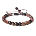 Adjustable black and pink natural stone bead bracelet with woven cord closure - 6mm (Stretchable) / Rhodonite with Black Lines