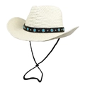 Close-up of cream straw cowboy hat with turquoise beads and adjustable chin strap - M (56-58cm) / Creamy White