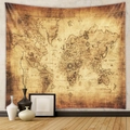 Dettaglio dell'arazzo vintage con mappa del mondo e motivi nautici in tonalità di seppia - 73X95CM / Tessuto spazzolato