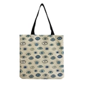 Close-up of canvas tote bag showing detailed blue evil eye prints and black handles - Blue Eye Cycle Pattern (hm2722)