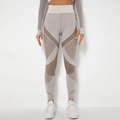 Seamless high waist yoga leggings with grey mesh panels and matching crop top - Brown