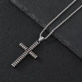 Polished silver stainless steel cross pendant with checkered texture on a box chain - Square Cross Necklace (Box Chain)