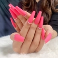 Hot pink long ballerina false nails with sparkling rhinestone accents and matte finish - Matte Hot Pink Rhinestone Style(JP1086)
