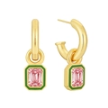 Boucles d'oreilles octogonales dorées avec émail vert et zircon rose élégant - Cuivre Plaqué Or 18K / Émail Or Zirconium Rose