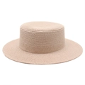 Detailed view of the fine woven texture on this natural beige straw boater hat for summer - M (56-58cm) / Light Pink