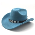 Detail of turquoise fedora with ethnic brown leather braided band and metal accents - M (56-59cm) / Peacock Blue Suede