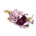Bohemian hair comb with dark purple and lotus pink artificial silk flowers and green leaves - FS34-3 Purple