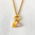 Gold stainless steel necklace with 'G' letter tag and pink gemstone pendant - Letter G