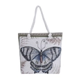 White woven tote bag with blue and brown butterfly pattern and soft cotton rope handles - Butterfly
