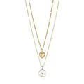 Detailed view of layered 18K gold plated double heart and enamel round pendant necklace - White