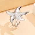 Polished silver stainless steel starfish open ring with textured matte center - J02892 / Silver