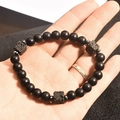 Men's obsidian bead bracelet with crown charm and matte lava stone in black - Square Matte