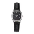Detail of square silver quartz watch with black leather strap and minimalist dial - Silver Case Black Dial Black Strap