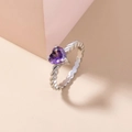 Silver twist ring featuring a purple heart-shaped stone on a minimalist background - Adjustable Open / Purple Heart Gemstone/Twisted Band