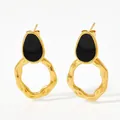 Vintage irregular golden hoop earrings with black enamel drip oil geometric design - Irregular Hammered Hoop / Gold + Black (KDE736)