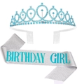 Silver birthday girl sash and blue rhinestone tiara set for party celebrations - Set 21 (Silver + Blue Birthday Girl)