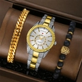 Luxury men's quartz watch set with silver-gold steel band and beaded lion head bracelets - Two-tone Gold White Set