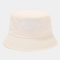 Close-up of white 3D Swiftie Est. 1989 embroidery on cream cotton bucket hat fabric - M (56-58cm) / Beige