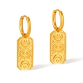 Gold-plated stainless steel rectangular earrings featuring sun moon and evil eye motifs - Rectangular Celestial Totem Style (GE919)