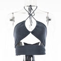 Detail of dark grey halter crop top featuring slim neck straps and chest cutout design - S / Gray