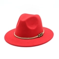 Klassischer roter Fedora-Wollhut mit beigem Webband und Vintage-Bronze-Metallperlen - M (56-58cm) / Rot