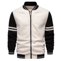 Detail of a color-block baseball collar jacket with ribbed cuffs and metal zipper - Beige Black Color Block