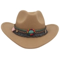 Detail of khaki cowboy hat featuring bohemian beaded band, turquoise stone, and tassels - One Size / Camel