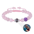 Rosa Kristallarmband mit silbernem Projektionsanhänger und verstellbarem geflochtenem Band - 8MM Rosenquarz + Amethyst (Benutzerdefiniertes Foto)