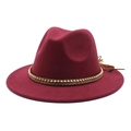 Detail of wool fedora hat featuring woven rope band with gold beads and leather tassel - Burgundy