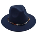 Close-up of wide-brim navy fedora featuring a colorful ethnic beaded decorative band - One Size / Navy Blue (Obsidian Decoration)