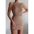 Chic rose gold sequin halter neck mini dress with crystal tassels for evening parties - S / Dresses / Khaki