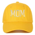 Detail showing white MOM embroidery on bright yellow cotton baseball cap with stitching - Adjustable / MOM Embroidery / Yellow