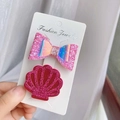 Pink glitter bow and red seashell hair clips set for girls on a fashion jewelry card - Bow/Shell / Rose Red