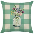 Linen pillow cover with green buffalo plaid and watercolor wildflower mason jar illustration - 18x18 Inch / Wildflowers Mason Jar Green Gingham (LYD443-3)