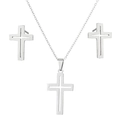 Macro detail of silver stainless steel jewelry set featuring hollow cross pendant and studs - Steel Color Cross