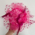 Fuchsia mesh flower headband with feathers and polka dots for cocktail parties - Rose Red