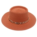 Elegant French style flat top straw hat with gold acrylic chain band in rust orange. - One Size / Caramel (with Acrylic Chain Decor)