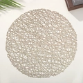 Top view of beige circular PVC placemat with intricate woven texture on white tabletop - 38cm Round / Gold