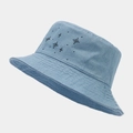 Detail of light blue denim bucket hat with black star-shaped rhinestone embellishments - One Size / Medium Blue