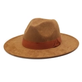 Classic brown wide brim fedora hat with decorative ribbon band for men and women - M (56-58cm) / Khaki