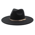 Close-up of black wool fedora hat featuring a metallic gold band and buckle detail - M (56-58cm) / Black