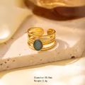 Gold plated titanium steel ring with layered texture and blue cat eye stone inlay - Adjustable Open / Gold Multi-layer Beaded Texture with Oval Blue Cat's Eye Stone (JOM25017)