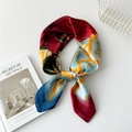 Elegant floral and geometric print silk scarf in deep red and mustard yellow - 70cm / Red Bromeliad