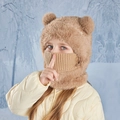 Warm brown plush bear ear hood for children with integrated neck warmer and face mask - Khaki