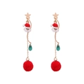 Christmas Santa earrings with golden stars, green crystals and red fluffy pompoms - Santa Claus Hoop Earrings