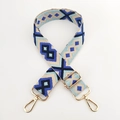 Detail of 3.8cm jacquard woven strap with blue geometric diamond patterns and gold hooks - Royal Blue Dark Blue Light Blue