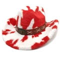 Detail of red and white cow print cowboy hat with brown leather band and bull head emblem - Straight Crown Red