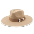 Eleganter Kamel-Wollfilzhut mit breiter Krempe und zweifarbiger Schleife für Herbst - M (56-58cm) / Khaki