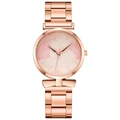 Detail of rose gold watch dial with tropical palm leaf pattern and metallic mesh strap - Pink Watch Only