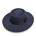 Detail of navy wool felt fedora featuring a wide brim and black grosgrain ribbon with bow - M(57cm) / Navy Blue